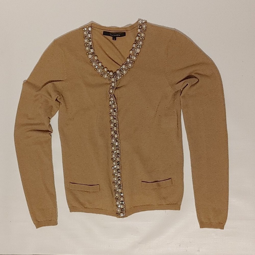 TARA JARMON Camel Cardigan with embellishments Women's Size Small 100% C…